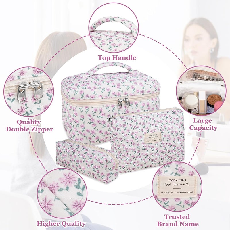 Gosect Makeup Bag Set, Quilted Makeup Bag, Large Floral Cosmetic Bag for Women, Cute Cotton Makeup Bags, Flower Travel Toiletry Organizer Bag (Purple Flower) - Image 3